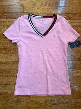 Tommy Hilfiger Light Pink V-Neck Short Sleeve Tee with Striped Trim